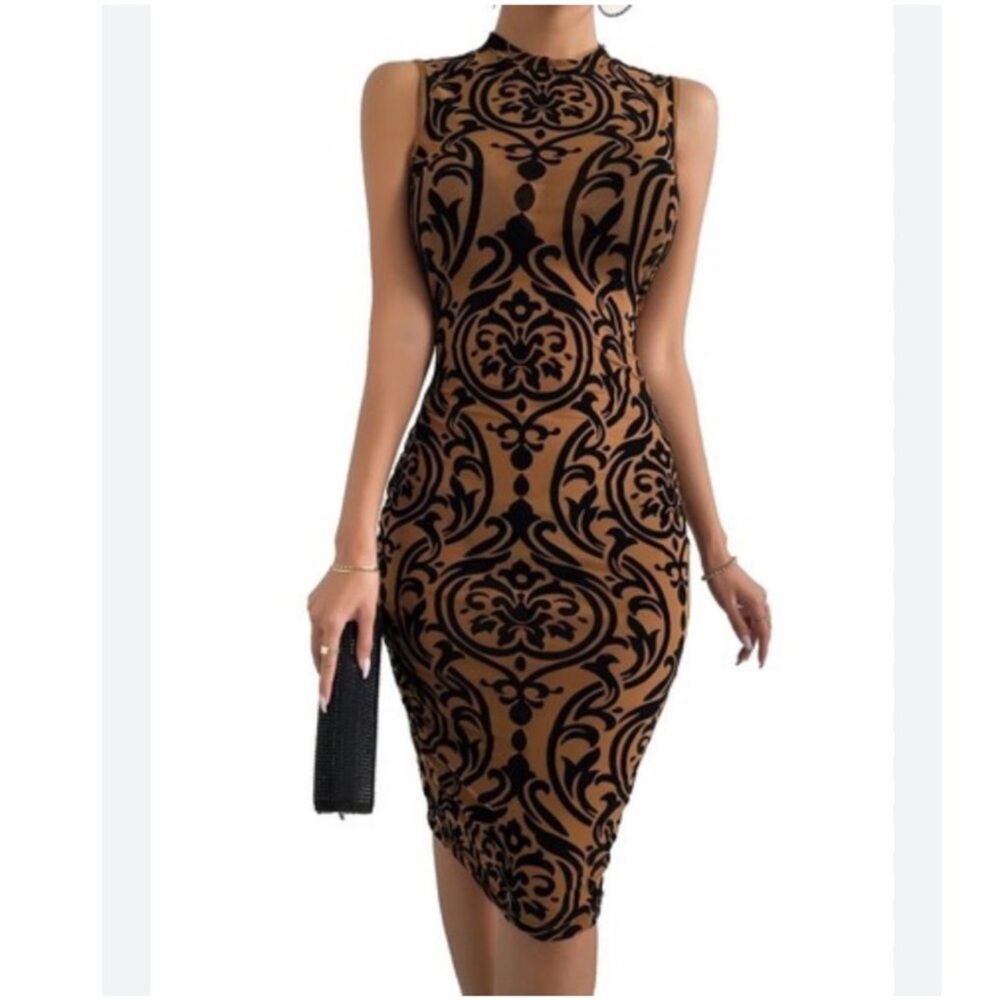 CBR Mock Neck Black and Tan Bodycon Dress Kentucky Derby Ready